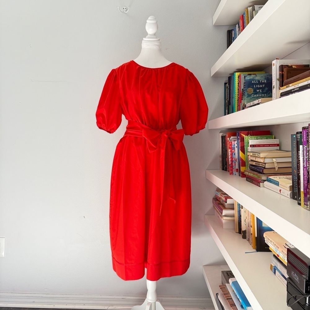 LDT Red Dress Connie Front Tie Short Sleeve Blouson Midi Dress 12 - Picture 4 of 16